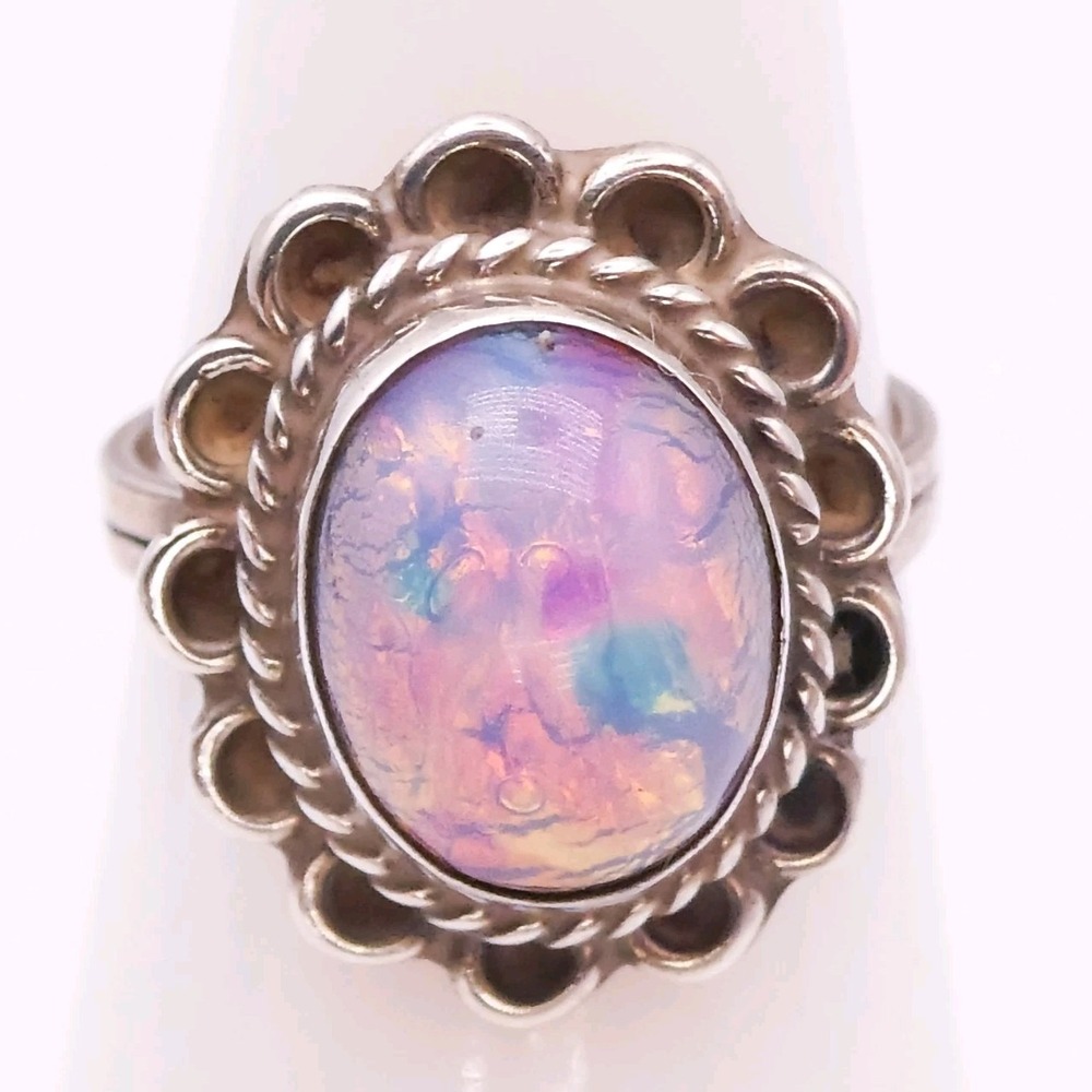 Mexico Sterling Silver Foil Opal Split-Shank Vintage Sz 3.5 Womens Ring